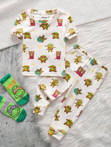 TEENAGE MUTANT NINJA TURTLES | SHEIN Bộ đồ ngủ ngắn tay và quần legging hình Rùa đột biến cho bé trai - trắng - Xem 1