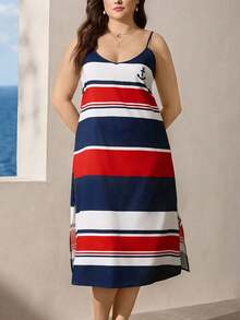 SHEIN LUNE 大码女式夏季条纹连衣裙，V领，中长款，侧开衩，航海风休闲连衣裙 - 彩色 - 查看 10