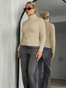 Bethéva 高领加厚内衬修身保暖羊绒衫，秋冬新品，针织套头衫 - 卡其色 - 查看 5