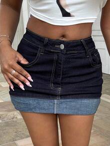 Alexandranx Women's Casual Washed Color Block Patchwork Denim Mini Skirt - Dark Wash - View 4