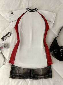 Glimmora 女士字母印花休闲V领修身短袖T恤 - 白色 - 查看 2