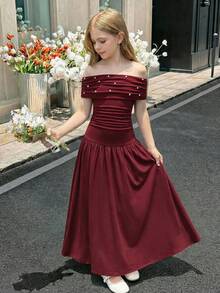 SHEIN 少女纯色酒红色串珠优雅复古返校/派对装、生日装、舞会礼服，针织露肩褶皱长裙，适合居家、户外、派对、聚会等各种场合，露肩中长连衣裙 - 酒紅色 - 查看 6