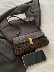 复古撞色豹纹优雅单肩/腋下包，女士豹纹手提包，豹纹强势回归 - 咖啡 - 查看 4