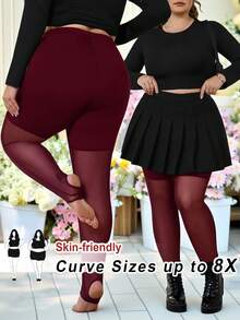 SHEIN CURVE+ 大码女装/秋季女装/冬季女装/冬季女装大码女装，连体袜，黑色大码打底裤，防滑高筒打底裤，黑色网眼拼接打底裤，适合日常休闲穿着，简约时尚，春夏女装，秋季女装，冬季，大码 - 酒紅色 - 查看 1