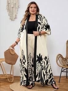 SHEIN CURVE+ Curve 尺码 US22 音乐节、海滨度假、波西米亚风印花两件套外套和裤子，度假沙滩装 - 黑與白 - 查看 6