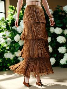 Arave Women's Woven Fabric Flared Waist Slit Fringe Patchwork Design Casual Skirt - Brown - View 5