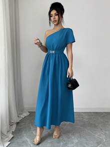 Rafferiza 优雅不对称肩部孔雀蓝连衣裙，金属扣设计，女士休闲连衣裙 - 水鴨藍 - 查看 4