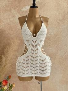 Soleia Đầm dệt kim màu trơn dành cho nữ, kiểu cổ yếm, lưng hở, khoét eo, gợi cảm, thích hợp cho kỳ nghỉ và hẹn hò. - trắng - Xem 4