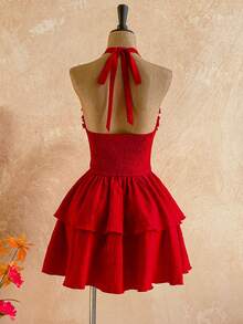 Soleia New Casual Vacation Western Beach Wedding Guest Attire, Graduation Brunch, St. Patrick's Day Spring Break, Easter, Music Festival, Elegant Boho Tropical Graceful Red Textured Bow Tie Backless Ruffle Mini Dress, Suitable For Valentine's Day, Halloween, Christmas - Red - View 2