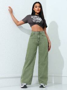 SHEIN ICON Women's Loose Fit Pockets Wide Leg Casual Versatile Denim Jeans - Green - View 6