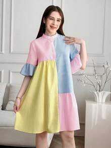 SHEIN 少女休闲条纹不对称领荷叶边宽松A字衬衫裙，粉彩色撞色连衣裙，适合日常外出、返校季、夏季休闲、Y2K风格，青少年休闲连衣裙，少女春季连衣裙，女士夏季连衣裙，女士粉彩色连衣裙 - 彩色 - 查看 6