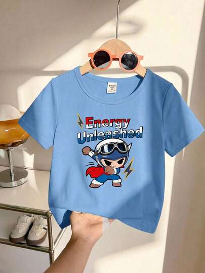 Boys' Casual Cartoon Graphic Round Neck Short Sleeve Loose T-Shirt, Suitable For Summer