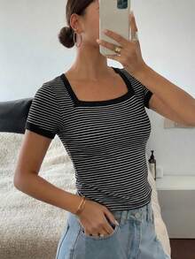 DAZY Women's Striped Short Sleeve Fitted T-Shirt Summer - Black and White - View 2