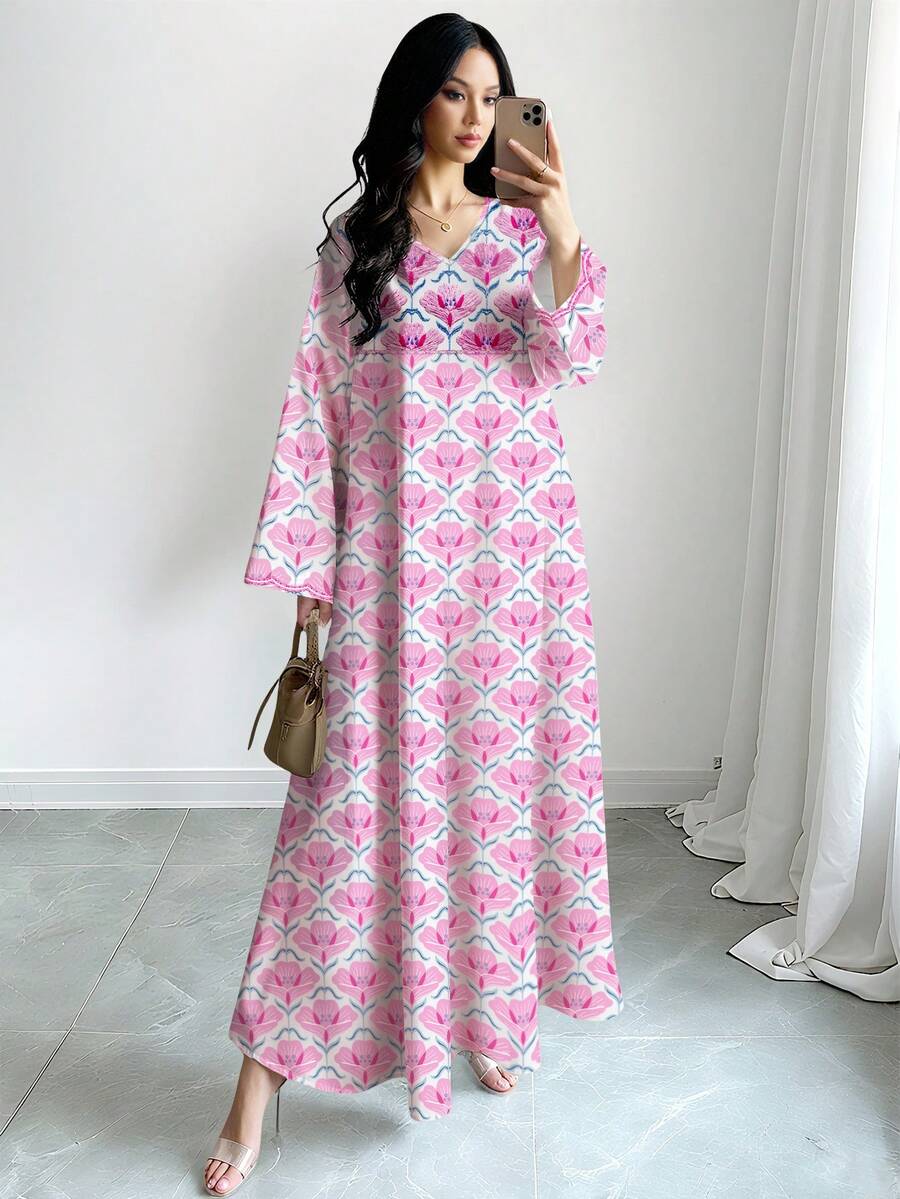 SHEIN Najma 优雅阿拉伯风碎花V领长袖连衣裙，女士春夏长款碎花连衣裙，优雅阿拉伯服饰 - 彩色 - 查看 1