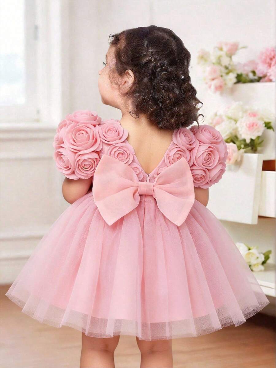 SHEIN 女婴纯色网纱泡泡袖休闲连衣裙 - 粉色 - 查看 1