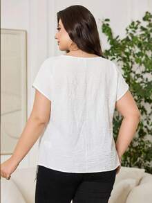 SHEIN Clasi Áo kiểu nữ cỡ lớn màu trơn cổ tròn tay cánh dơi ngắn buộc dây bên hông - trắng - Xem 2