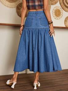Breezaya Falda vaquera de línea A con botones dorados, cintura fruncida, holgada y elegante para mujer - Azul lavado medio - Ver 2