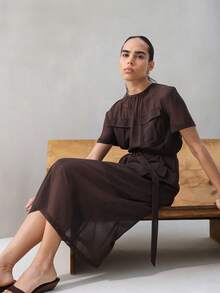 KSTM Women Chiffon Utility Midi Dress With Belt Short Sleeve Round Neck Semi Sheer Casual Office Versatile Lightweight Summer Spring - Coffee Brown - View 8