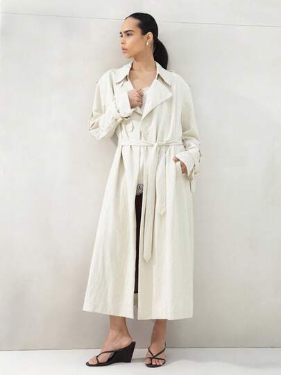 KSTM Long Belted Trench Coat With Wide Lapels Double Breasted Closure And Classic Tailored Silhouette For Spring Fall Transitional Outerwear