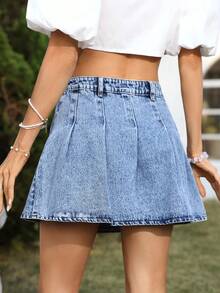 Breezaya Women's Summer Vacation Denim Pleated Mini Skirt - Medium Wash - View 3