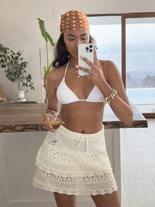 EURMUSE Crochet Knit Ruffle Hem Mini Skirt With Drawstring Waist - Apricot - View 7