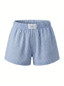 Comfortcana 女士休闲蓝色格子梭织面料半透明迷你运动短裤，带拼接细节 - 藍色 - 查看 13