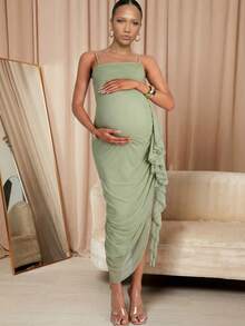 MaterniChic Maternity Summer Sage Green Elegant Party Pregnant Spaghetti Strap Ruffle Hem Dress For Photography,Baby Shower,Wedding Guest And Luxury Evening Out - Green - View 12
