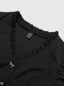 GlowEve 女士黑色荷叶边V领休闲优雅金色蝴蝶结单排扣衬衫，适合派对和日常穿着 - 黑色 - 查看 6