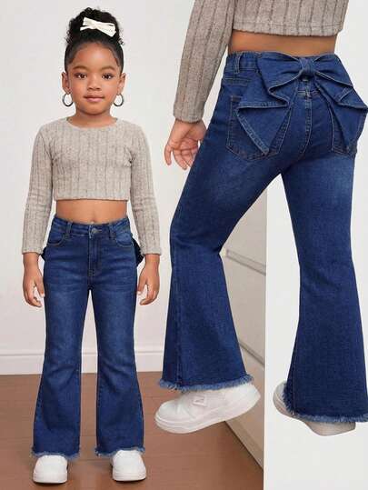 SHEIN Young Girl' Elastic Waist Butterfly Decor Blue Denim Flare Pants