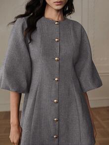 BELROSIE Women's Round Neck Single-Breasted Commuting Lantern Sleeve Dress - Grey - View 2