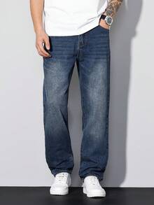 Manfinity Homme Quần jeans nam ống đứng màu xanh nhạt kiểu retro vintage thường ngày. - Rửa trung bình - Xem 5