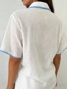 Airaco 女士新款春夏休闲度假衬衫，海岛度假宽松白色太阳印花+蓝色贝壳刺绣全开领短袖衬衫，休闲宽松白色衬衫，法式休闲度假刺绣衬衫，女士沙滩装，外套，夏季度假衬衫 - 白色 - 查看 5