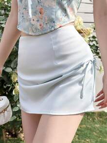 K-Vae Women's Light Blue Floral Summer Cute Vacation Holiday Outfit,Satin Patchwork Printed Strapless Bustier Crop Top And Ruched Bodycon Mini Skirt Set - Green - View 5
