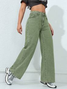 SHEIN ICON Women's Loose Fit Pockets Wide Leg Casual Versatile Denim Jeans - Green - View 4