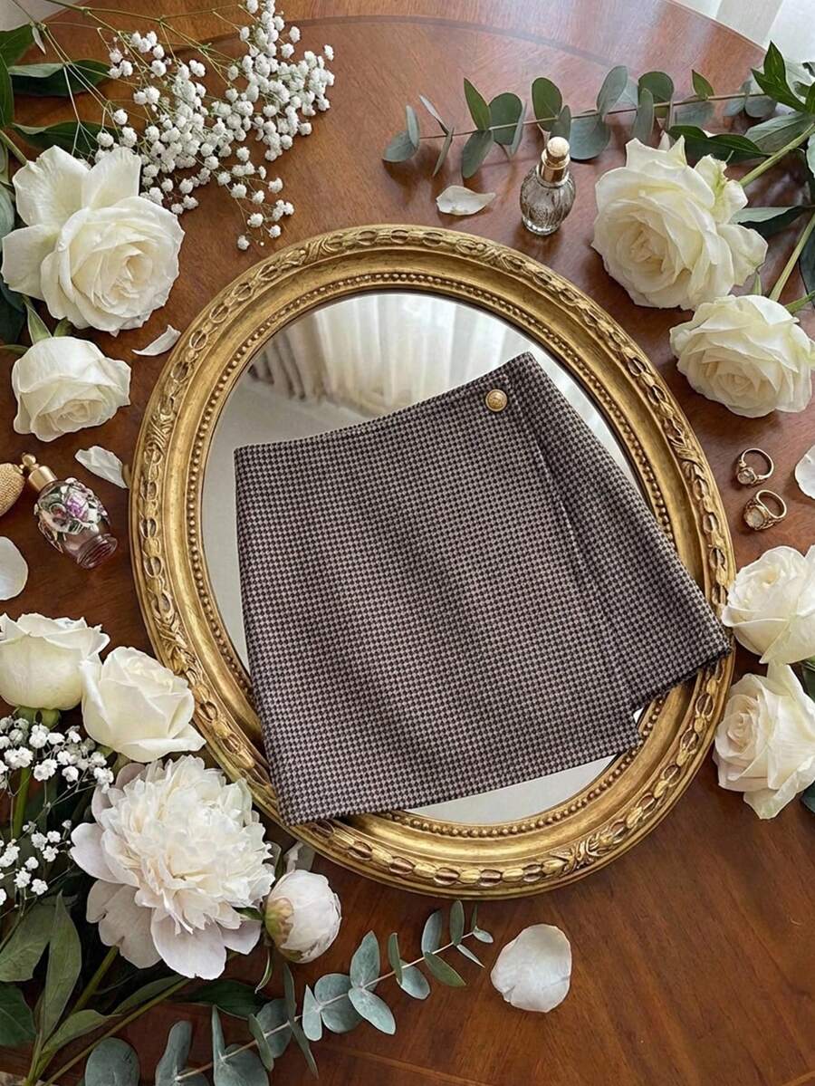 SHEIN MOD 大码休闲通勤千鸟格裹身裙，圣诞派对复古裙，棕色裙子，秋季，感恩节，粗花呢裙/冬季 - 彩色 - 查看 1