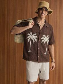 SWAVVY 男士休闲椰树刺绣针织毛衣 - 棕色 - 查看 1