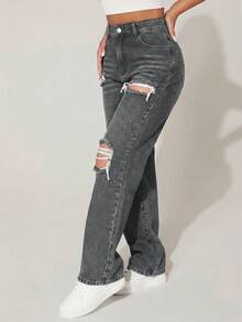 SHEIN PETITE Women's Solid Color Minimalist Ripped Denim Jeans, Casual Wear ,Petite Women - Grey - View 3
