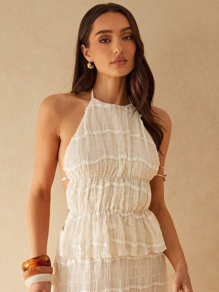 Silquee 杏色和象牙色提花波浪纹露背吊带背心，性感优雅，适合春夏穿着，也适合婚礼、派对、约会、度假和鸡尾酒会等场合。 - 杏色 - 查看 1