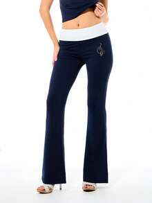 BABYPHAT Women's Fold Over Waist Flare Navy Blue Yoga Leggings With Gold Script Detail Bell Bottom Stretch Pants - Multicolor - View 1