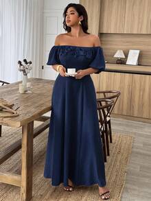 SHEIN LUNE Đầm trễ vai thanh lịch dành cho nữ cỡ lớn với họa tiết hoa 3D. - Màu xanh hải quân - Xem 4