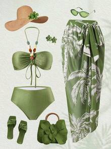 Swim Oasis Bộ bikini hai mảnh in hình cây dừa nhiệt đới thời trang gợi cảm dành cho nữ cỡ lớn, mẫu mới mùa hè 2026, kèm váy quấn đi biển. - màu xanh lá - Xem 1