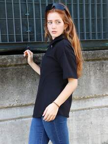 SILVIA DI SANTO 女士休闲商务部分纽扣前开襟polo领宽松短袖T恤老款，商务休闲女装，教师装 - 黑色 - 查看 4