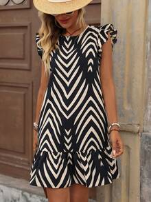 Brillora 女士休闲优雅浪漫沙滩印花宽松圆领连衣裙，女士黑色连衣裙和女士白色连衣裙 - 黑與白 - 查看 5