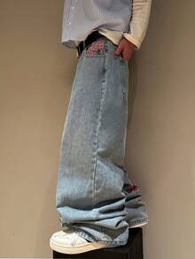 Manfinity Roghcode Casual Chic Peach Blossom Embroidery Design Loose Wide-Leg Jeans - Blue - View 6