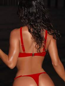 Swim SXY 全新深 V 领镂空高开叉性感露背连体泳衣，夏季 - 紅色 - 查看 2