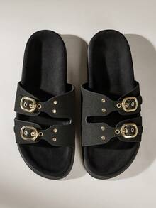 Solecia Sandalias planas de playa cómodas y de moda para mujer en color marrón - Negro - Ver 2