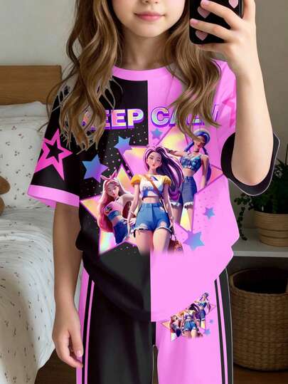 SHEIN 2026新款休闲修身圆领短袖睡裤套装，适合夏季，甜美可爱，舒适休闲，充满度假风情，轻松舒适，Y2K风格，少女服装，女童套装，少女服装