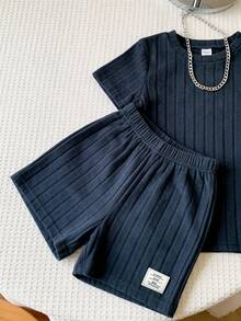 SHEIN 3 Sets Baby Boy Casual Solid Color Round Neck Short Sleeve T-Shirt And Elastic Waist Shorts,Navy And White,Summer,Casual,Family Matching Outfit Set - Multicolor - View 5
