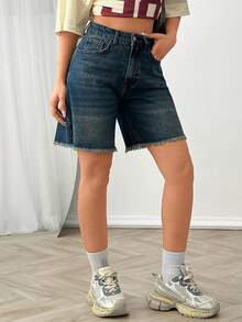 SHEIN Women High Waist Dark Washed Frayed Hem Denim Short - Dark Wash - View 5