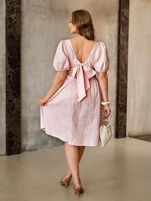 Roveilla Plus Size Baby Pink Textured Backless Tie A-Line Dress For Summer,Elegant Wedding Ninang Bridal Shower Brunch Puff Sleeve Dresses For Women - Pink - View 2